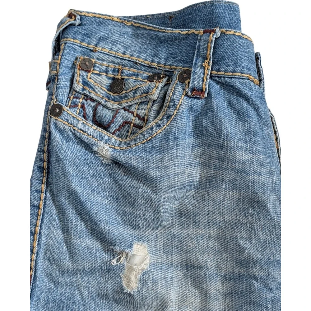 True Religion Ricky‎ Flap Super T Jeans Men 38x33 Relaxed Medium Wash Distressed